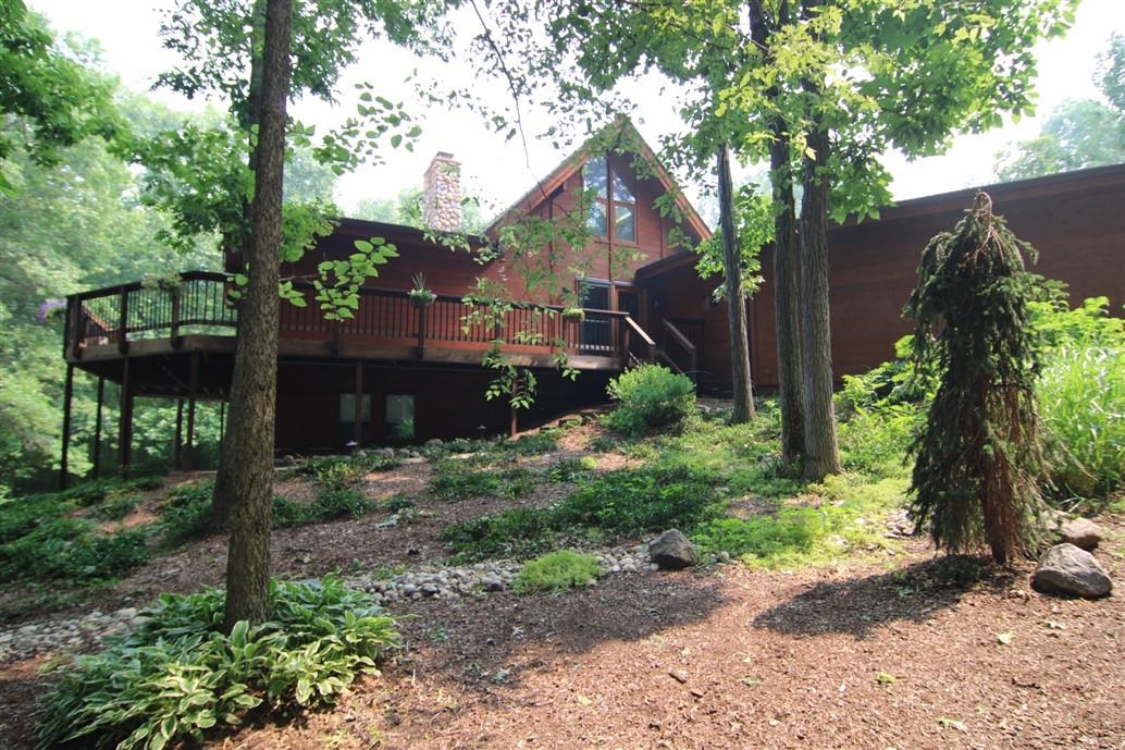 a backyard of a house with plants and large tree