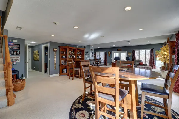 a view of a dining room with furniture