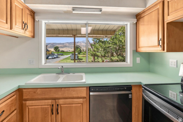 15295 North 5400th Street West Riverside, UT 84334 - Photo 15 of 54 Kitchen featuring a double basin sink, light wood cabinetry, light green countertops, and a built-in dishwasher