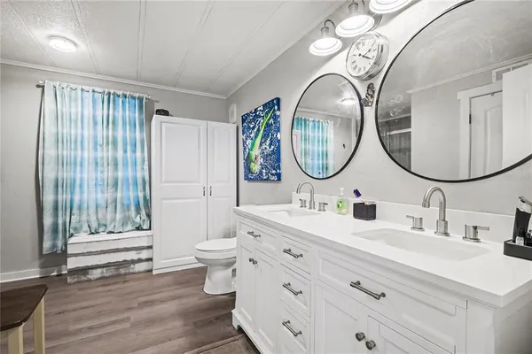a bathroom with a double vanity sink mirror and toilet