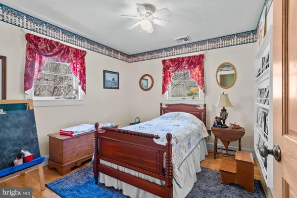 a bedroom with a bed and furniture