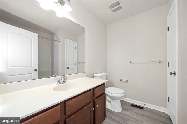 a bathroom with a sink a toilet a light fixture and a vanity