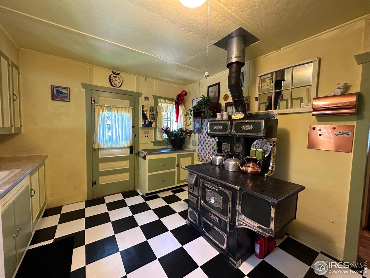 414 Riverside Drive Lyons, CO 80540 - Photo 18 of 23 a room with a black white checkered floor with a gaming machine and appliances