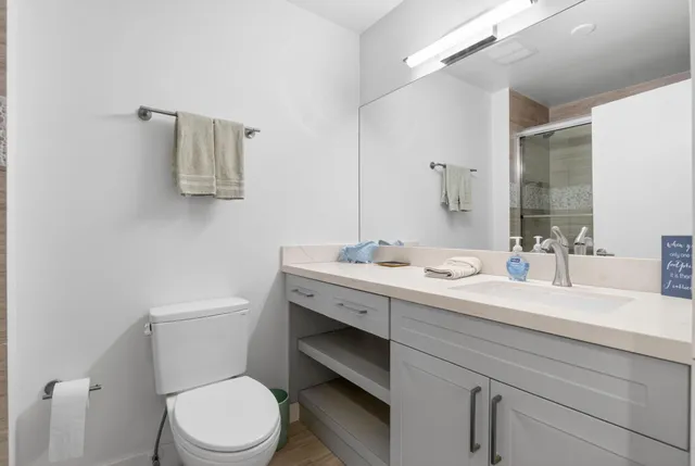 a bathroom with a toilet a sink and mirror