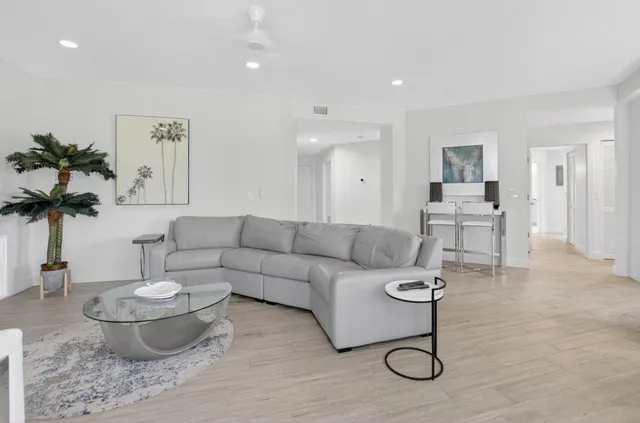 a living room with furniture and a potted plant