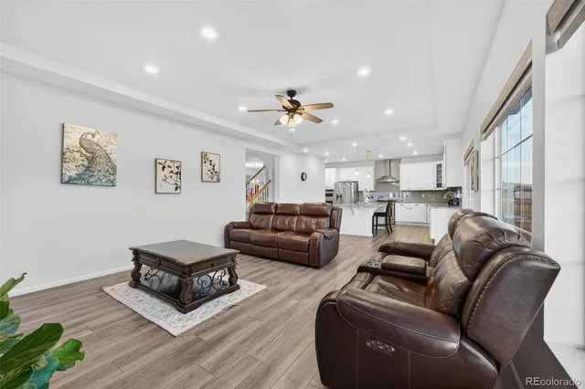 a living room with furniture ceiling fan and a rug