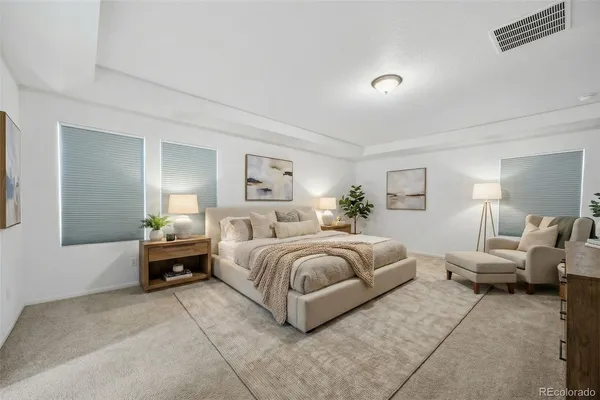 a bedroom with bed and a couch