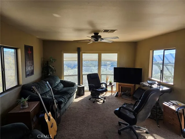 a view of a forest with mountains in the background