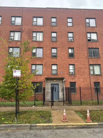 a front view of a brick building