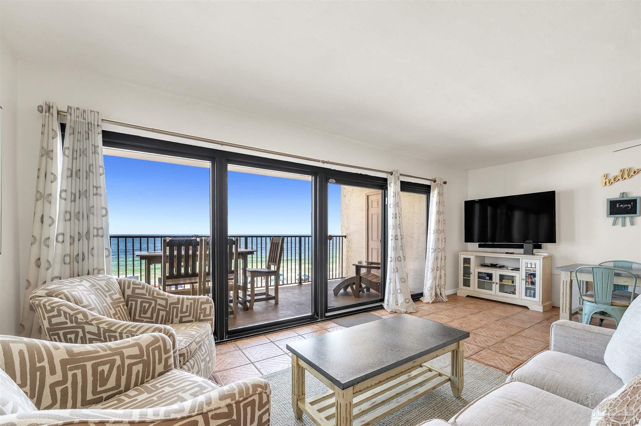 13817 Perdido Key Drive, Unit 501 Pensacola, FL 32507 - Photo 21 of 63 a living room with furniture a flat screen tv and a large window