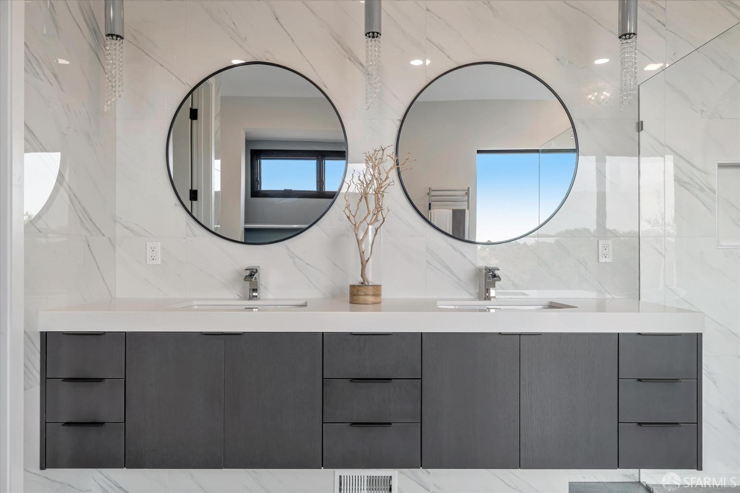 2011 Bishop Road Belmont, CA 94002 - Photo 19 of 35 a bathroom with a double vanity sink and a mirror