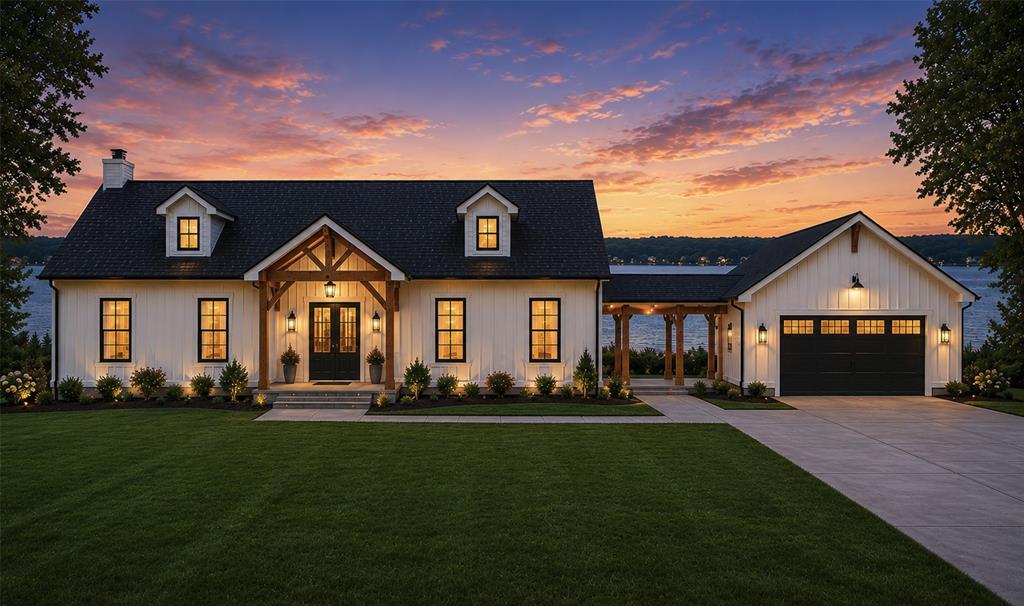 Front elevation rendering. White board-and-batten exterior featuring a prominent gabled entry with timber accents