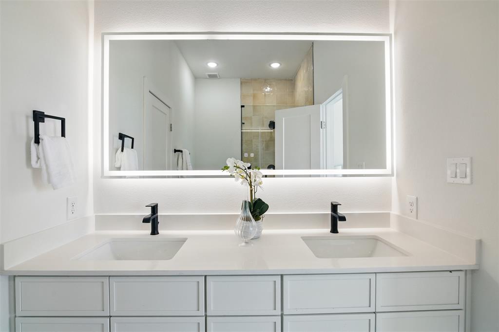 430 East 8th Street, Unit 201 Dallas, TX 75203 - Photo 21 of 26 a bathroom with double vanity sink and mirror