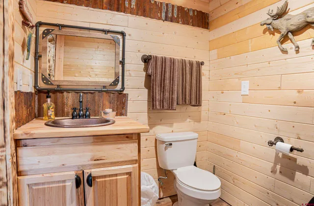 a bathroom with a toilet sink and mirror