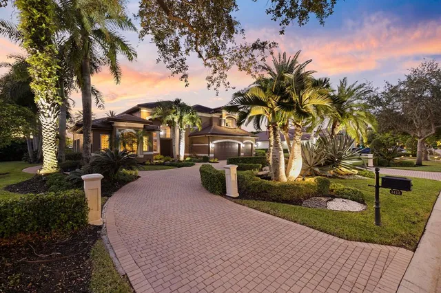 a row of palm trees and swimming pool in the patio of a house