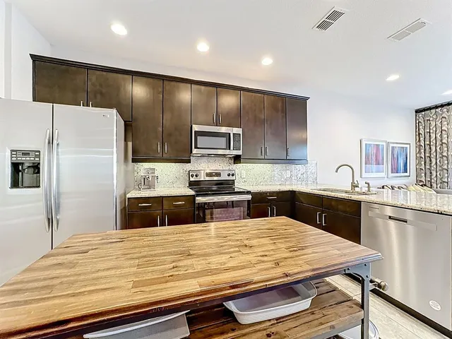 a kitchen with kitchen island a counter space a sink appliances and cabinets