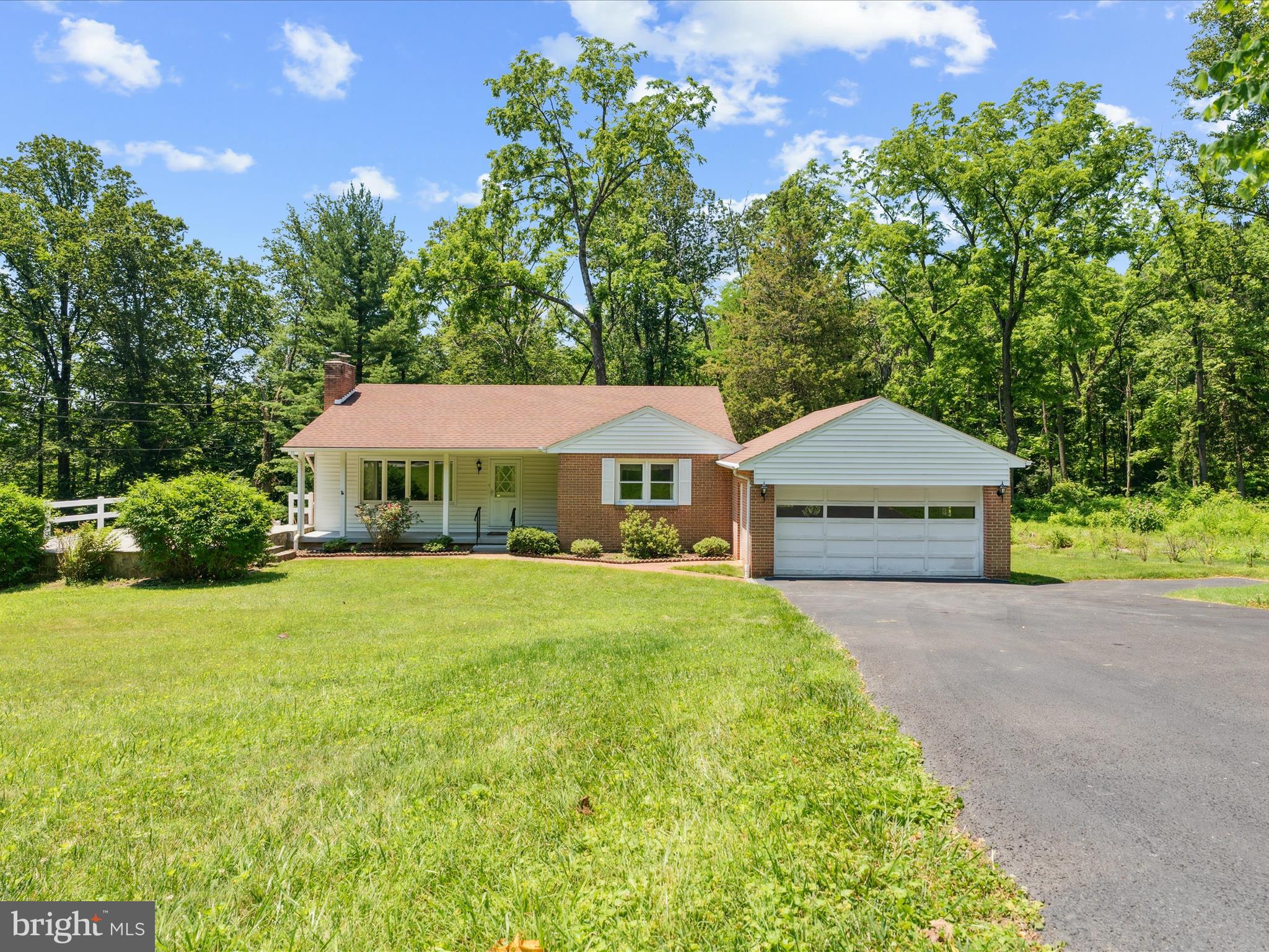 a front view of a house with yard and green space