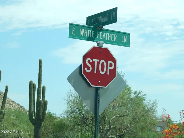 a view of outdoor space with signage and flags