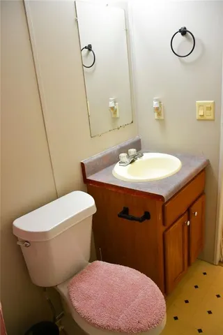 a bathroom with a sink toilet and mirror