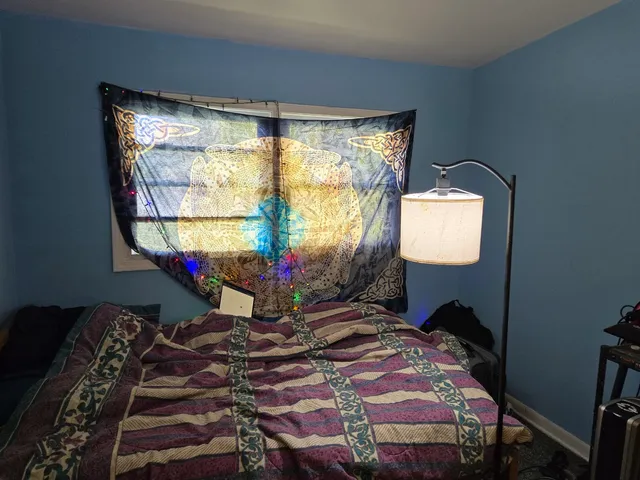 a bedroom with a bed and a window