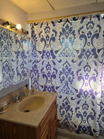 a bathroom with a sink and a mirror