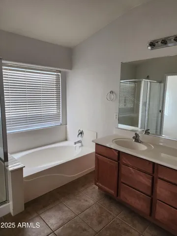 a bathroom with a tub sink and mirror