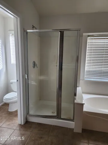 a bathroom with a shower and a toilet