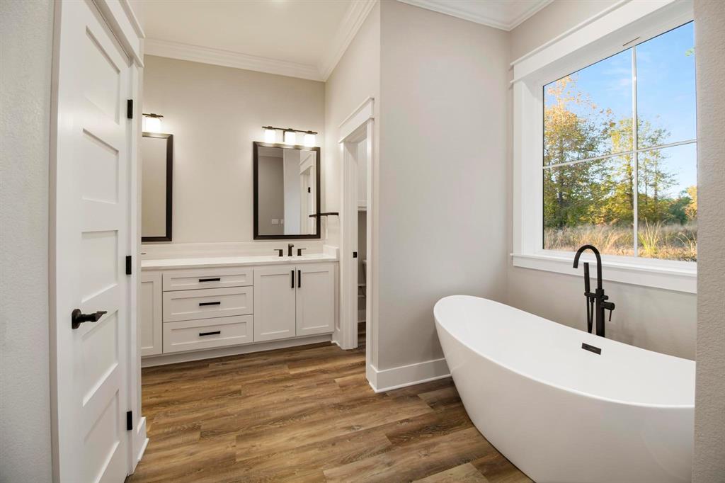 800 Stone Chimney Road Bullard, TX 75757 - Photo 19 of 40 a bathroom with a double vanity sink a mirror and a bathtub