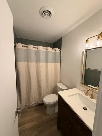 a bathroom with a sink a toilet a mirror and shower curtain