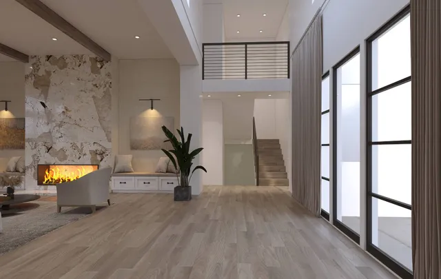 a view of a hallway with wooden floor and glass door