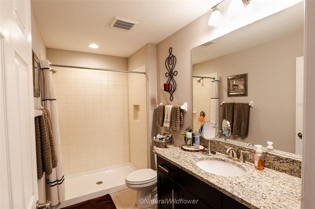 12556 Rangeland Boulevard Odessa, FL 33556 - Photo 24 of 29 a bathroom with a granite countertop shower sink vanity mirror and toilet