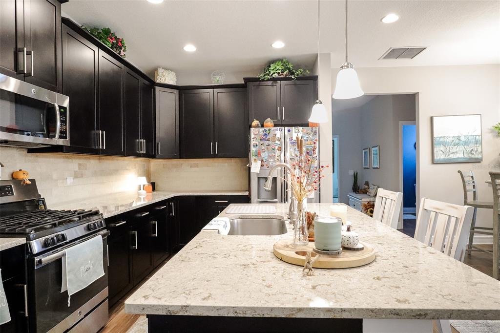 12556 Rangeland Boulevard Odessa, FL 33556 - Photo 4 of 27 a kitchen with granite countertop stainless steel appliances a sink a stove top oven a dining table and chairs with wooden floor