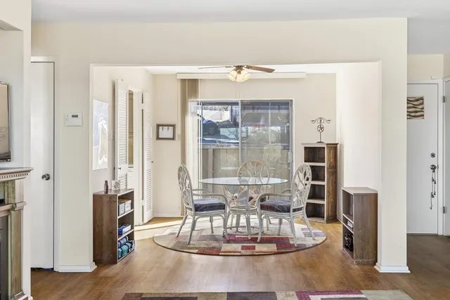 a view of a dining room with furniture