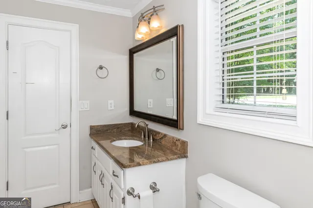 a bathroom with a granite countertop sink a toilet and a mirror