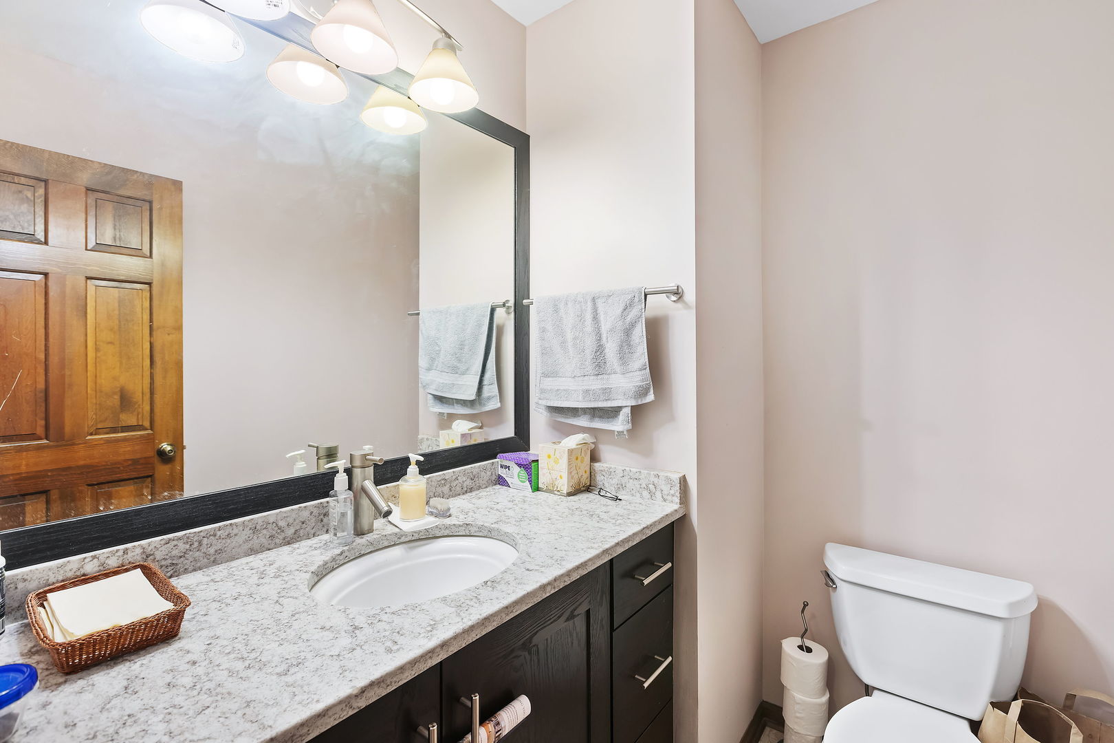 2647 Sun Valley Road Lisle, IL 60532 - Photo 14 of 26 a bathroom with a granite countertop sink a mirror and a toilet