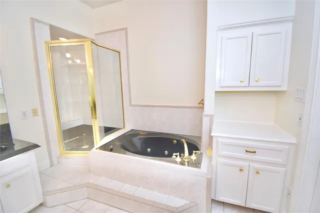 a bathroom with a bathtub and a shower