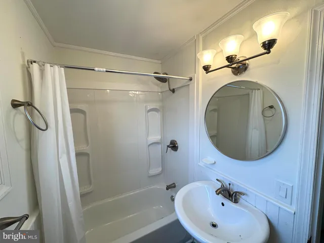 a bathroom with a sink mirror vanity and shower