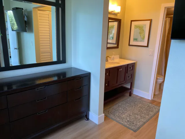 a bathroom with a sink a mirror and wooden floor