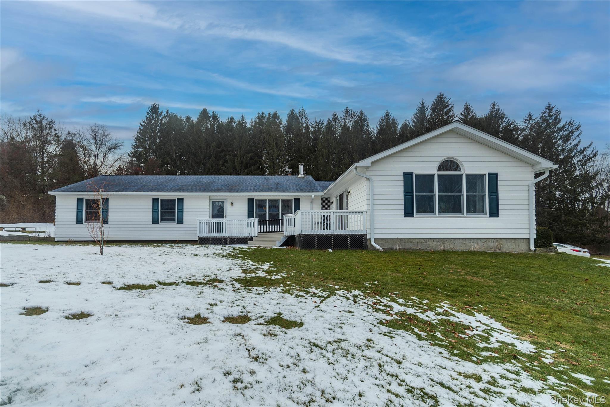 a view of a yard in front of a house with large trees