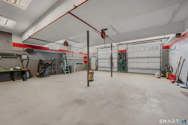 a view of a garage with storage