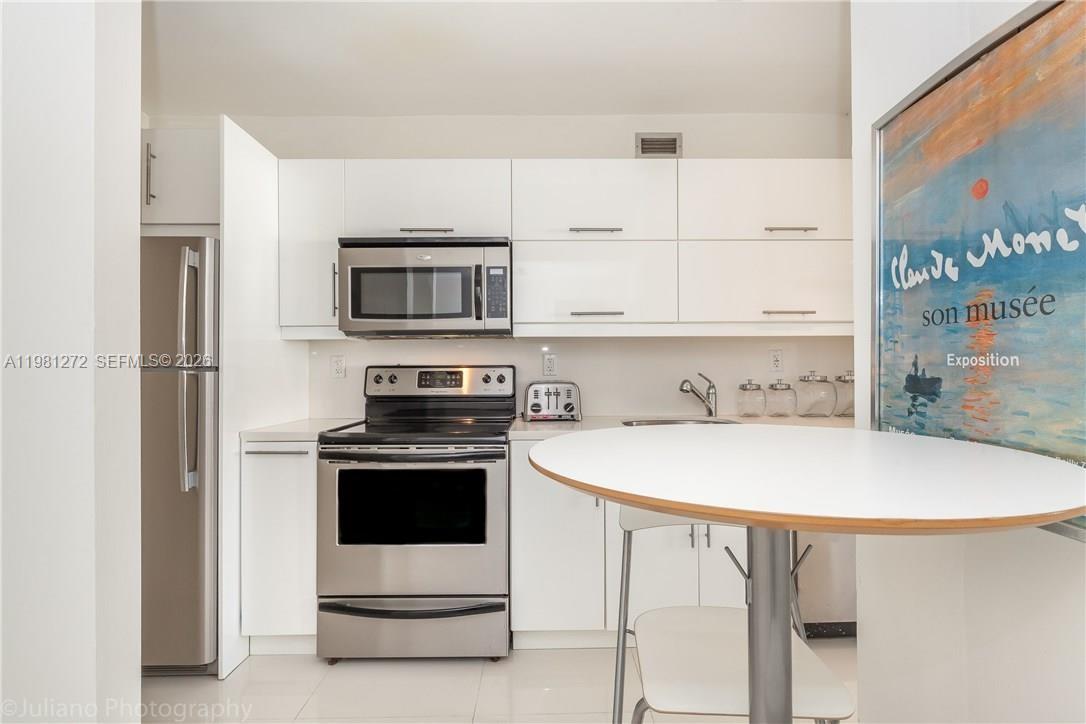 100 Lincoln Road, Unit 806 Miami Beach, FL 33139 - Photo 8 of 23 a kitchen with stainless steel appliances a white stove top oven and a refrigerator