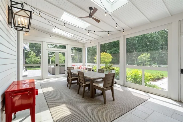 a view of a dining room with furniture window and outside view