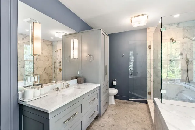 a bathroom with a double vanity sink mirror double shower and a bathtub