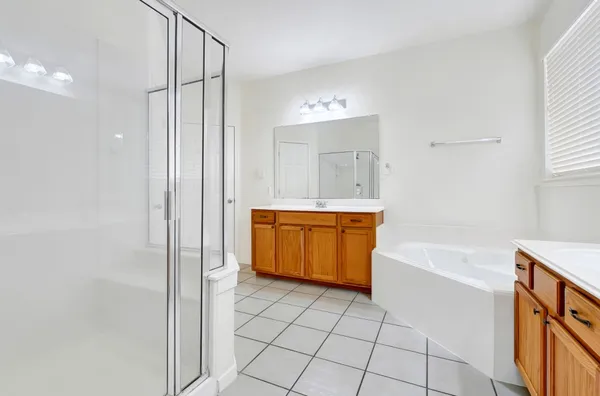 a bathroom with a bathtub sink and mirror