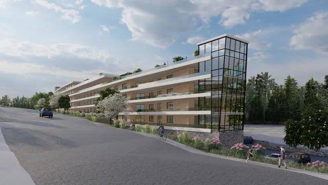 a view of a large building with a street view