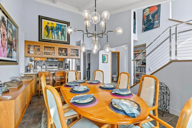 a view of a dining room with furniture