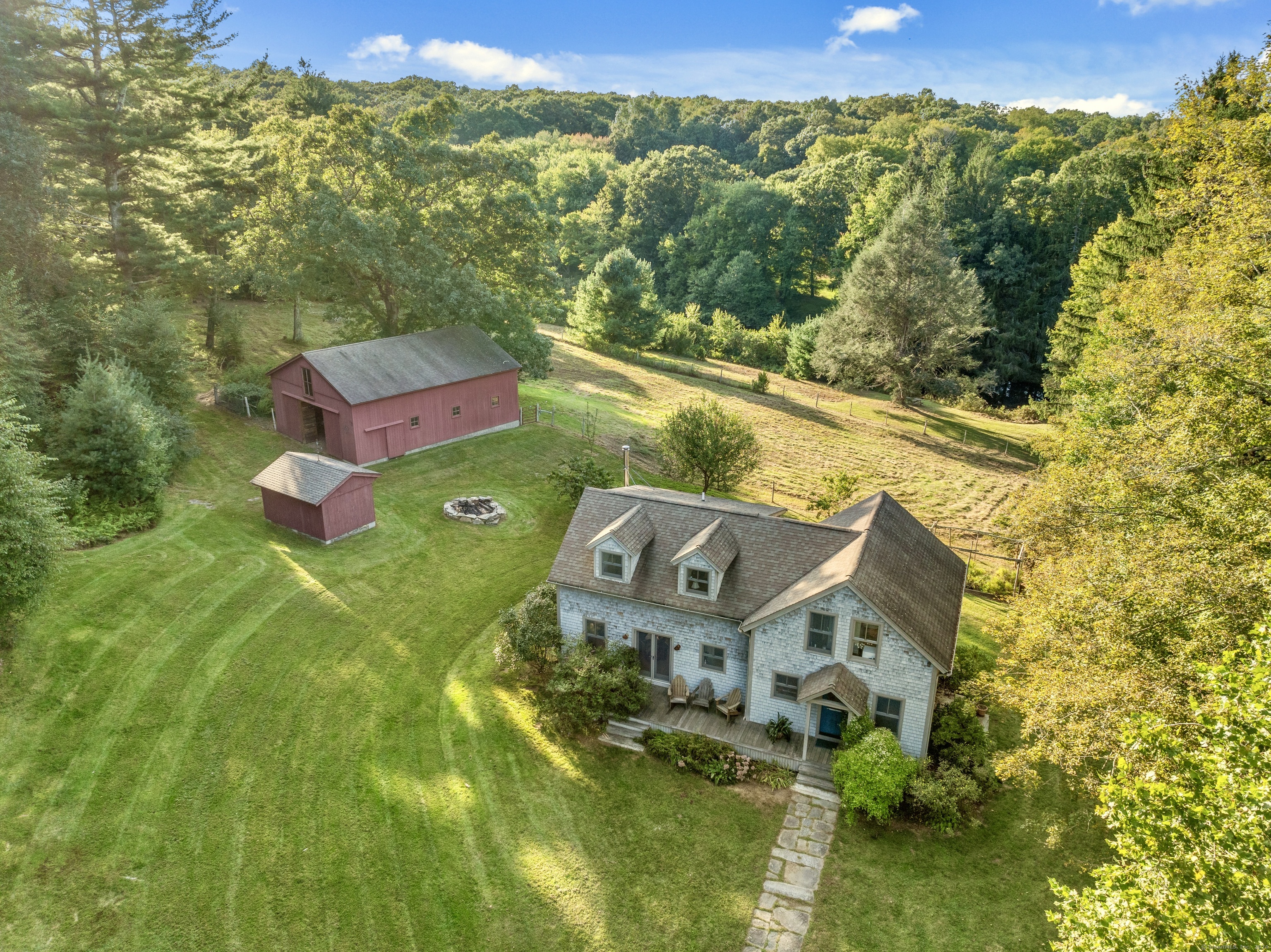 59 Brush Hill Road Lyme, CT 06371 - Photo 1 of 1 View of home, barn, wood shed and firepit in the late day sun.