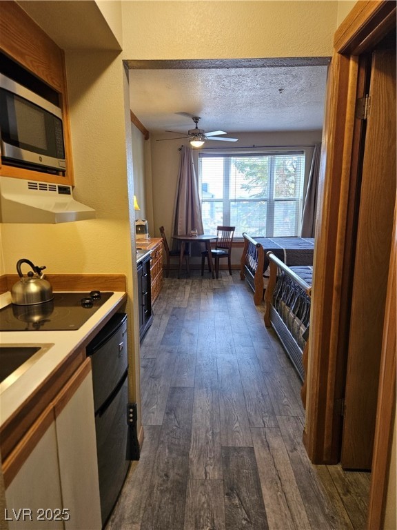 223 Hunter Ridge Drive, Unit 121 Brian Head, UT 84719 - Photo 2 of 35 Kitchen featuring exhaust hood, dark wood finished floors, a ceiling fan, light countertops, and cooktop
