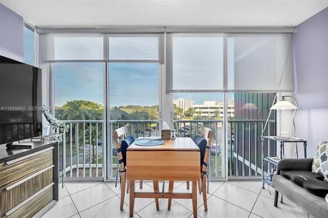 a dining room with furniture water view and a flat screen tv