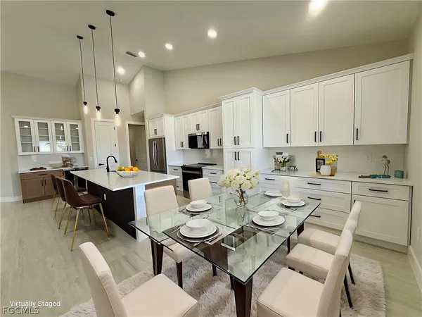 a view of a dining room with furniture